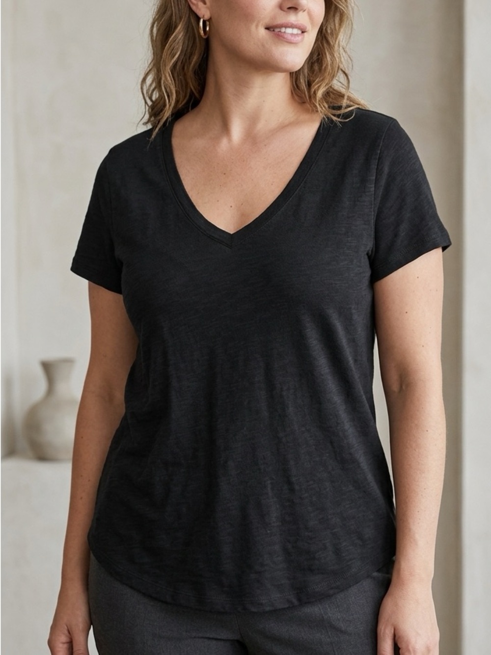 SPANX Black V-Neck Short Sleeve Tee Top